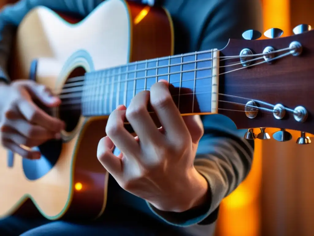 Un retrato detallado y emotivo de manos tocando una guitarra, con expresión concentrada y luz dramática