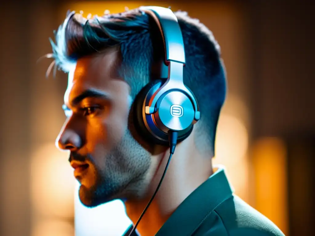 Un retrato detallado de una persona con auriculares escuchando un podcast