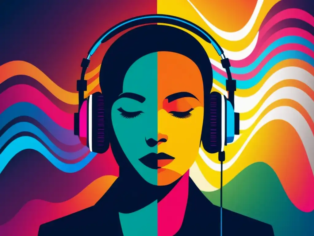 Un retrato moderno y minimalista con una persona usando auriculares, rodeada de ondas de sonido y notas musicales coloridas