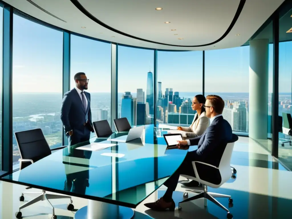 Reunión de ejecutivos de negocios multinacionales en una moderna sala de juntas con vista a la ciudad