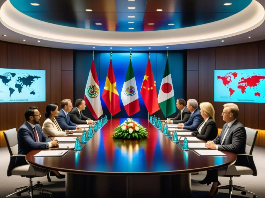 Reunión en sala de juntas con banderas internacionales en la pared, ejecutivos debatiendo sobre tratados internacionales propiedad intelectual y gráficos en pantalla grande