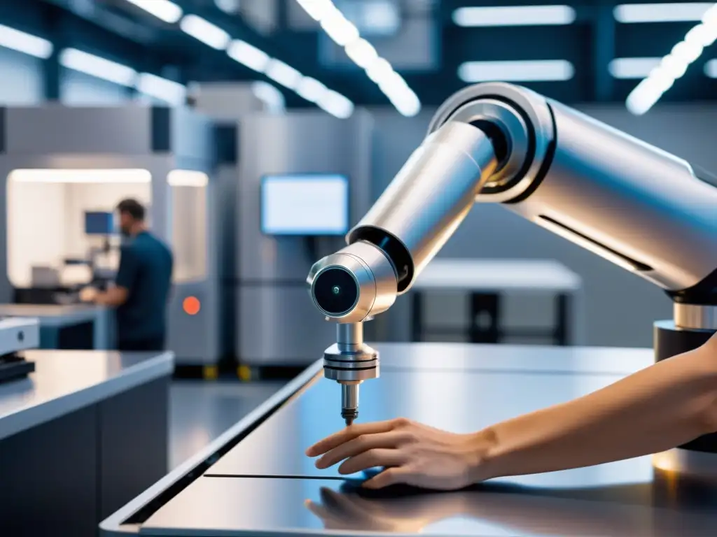 Robot colaborativo y humano trabajan en fábrica futurista con tecnología avanzada