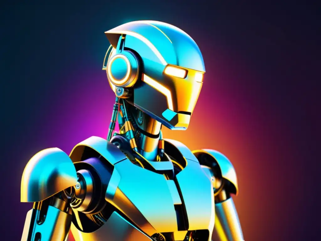 Un robot AI futurista crea arte digital rodeado de complejos algoritmos y líneas de código, reflejando una fusión de tecnología y creatividad