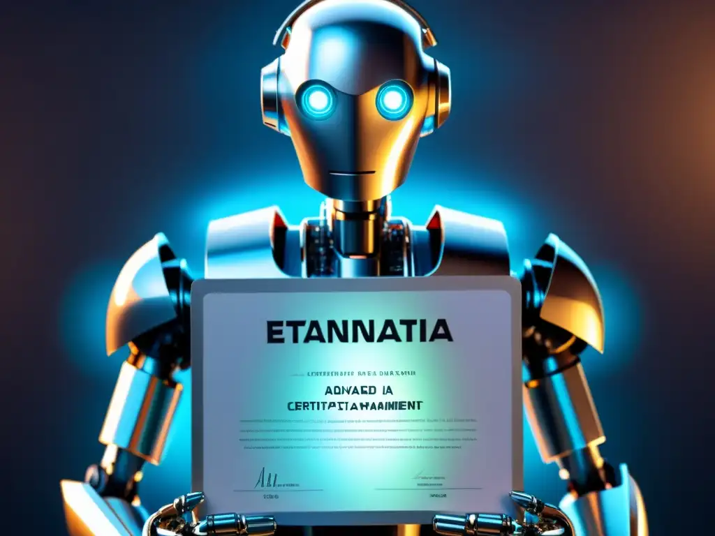 Robot de IA con Patente: Estrategias para Startups Un robot futurista sostiene un certificado de patente en un entorno de tecnología avanzada, destacando 'Patentar estrategias para startups de IA'