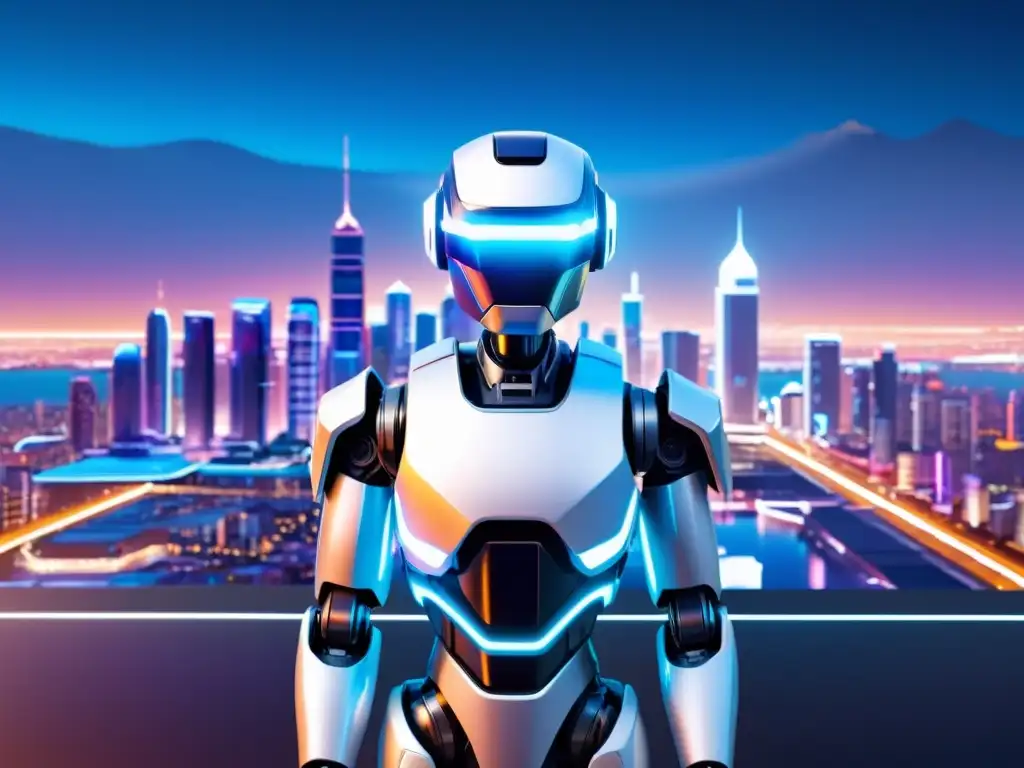 Robot AI futurista en la ciudad digital, reflejando luces neón