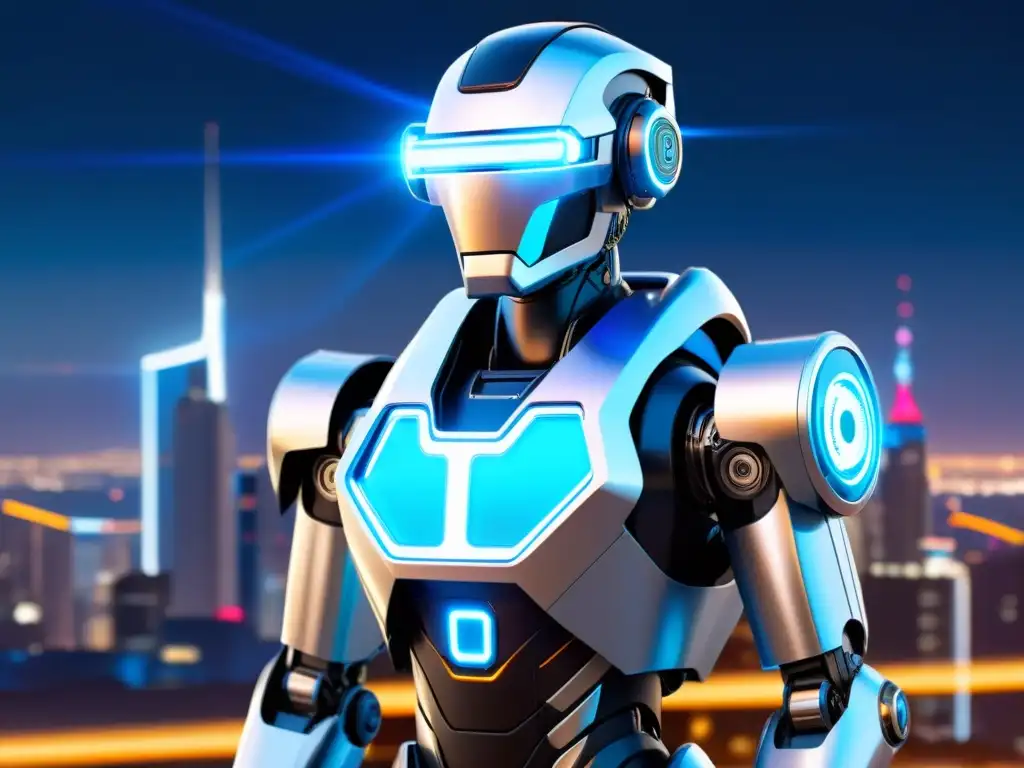 Un robot futurista brilla en una ciudad tecnológica, simbolizando la protección legal para innovaciones robóticas
