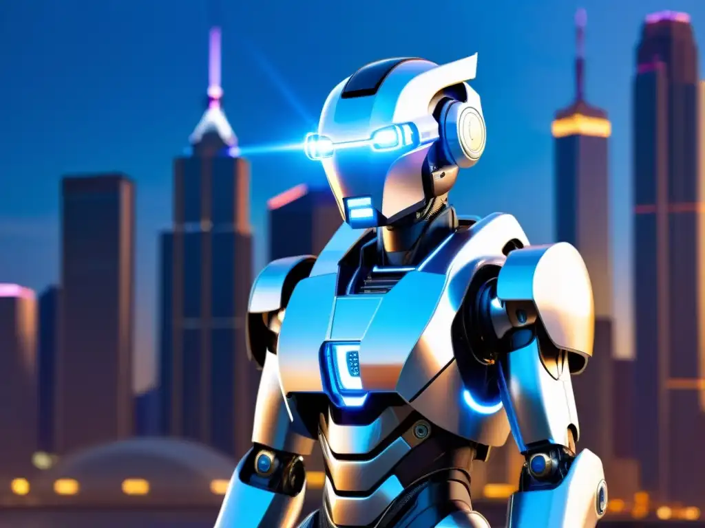 Un robot futurista se alza en una ciudad tecnológica, transmitiendo innovación y sofisticación