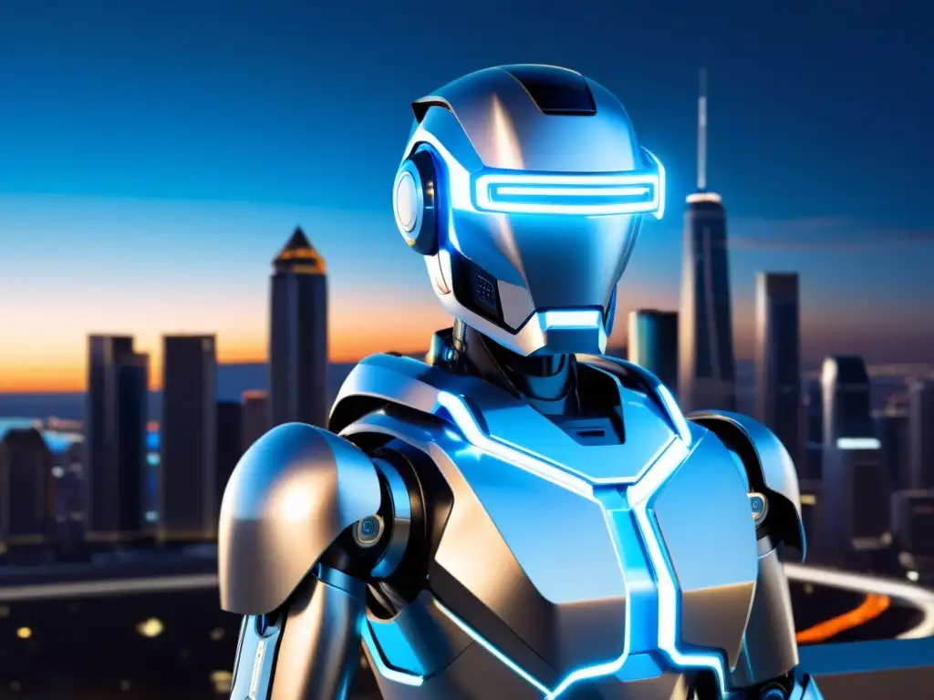 Un robot futurista con detalles metálicos y ojos iluminados, destaca en una ciudad bulliciosa