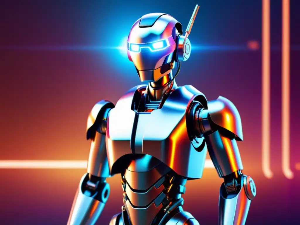Un robot humanoide futurista con detalles tecnológicos, reflejando una interfaz digital