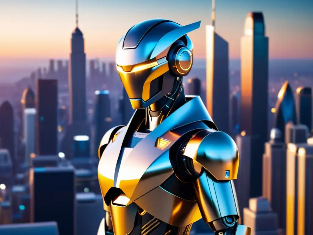 Un robot futurista y elegante se destaca en una ciudad digital, con ojos brillantes