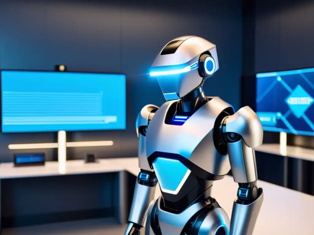 Un robot futurista con elegantes detalles plateados y azules, rodeado de hologramas y profesionales colaborando