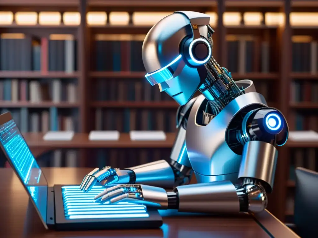 Un robot futurista crea un manuscrito digital en una biblioteca holográfica, en un mundo literario impulsado por IA