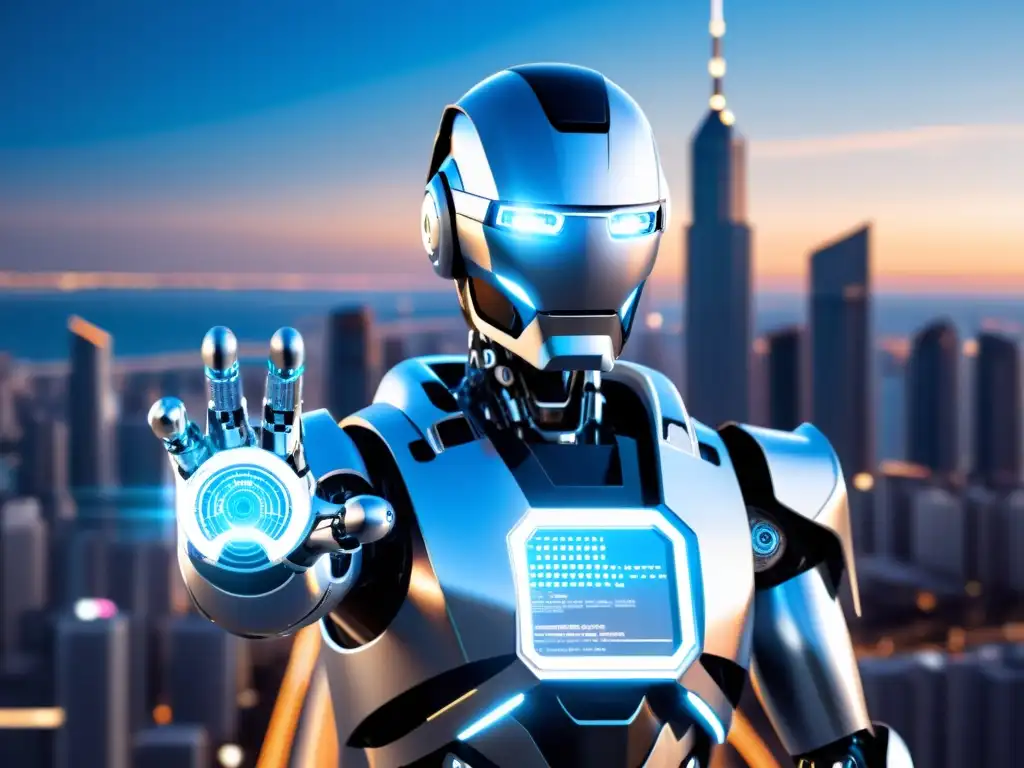 Un robot humanoide futurista con ojos azules brillantes y armadura plateada frente a una interfaz digital con código y algoritmos