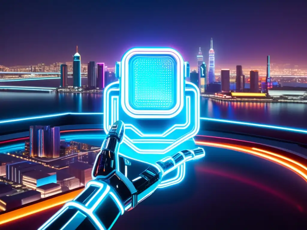 Un robot futurista con ojos azules brillantes frente a una ciudad nocturna llena de luces neón y pantallas holográficas