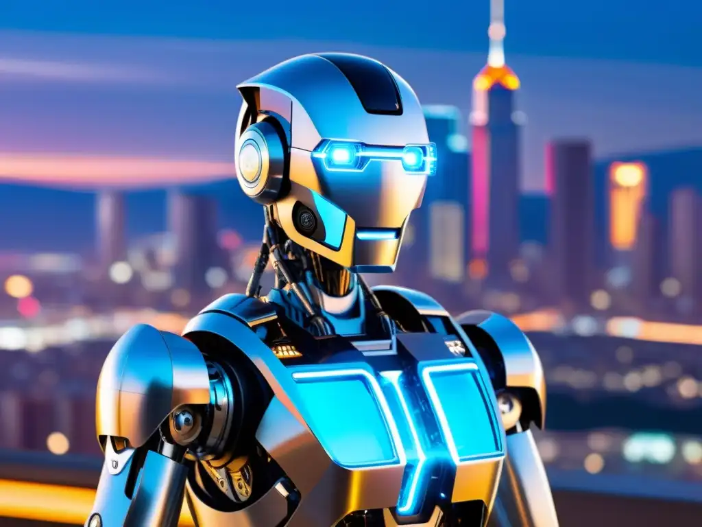 Un robot humanoide futurista con ojos azules brillantes en una ciudad llena de luces de neón, exhibiendo una avanzada inteligencia artificial
