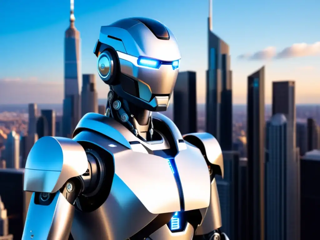 Un robot humanoide futurista con ojos azules brillantes y tonos metálicos plateados y blancos, destaca en medio de un bullicioso paisaje urbano con rascacielos