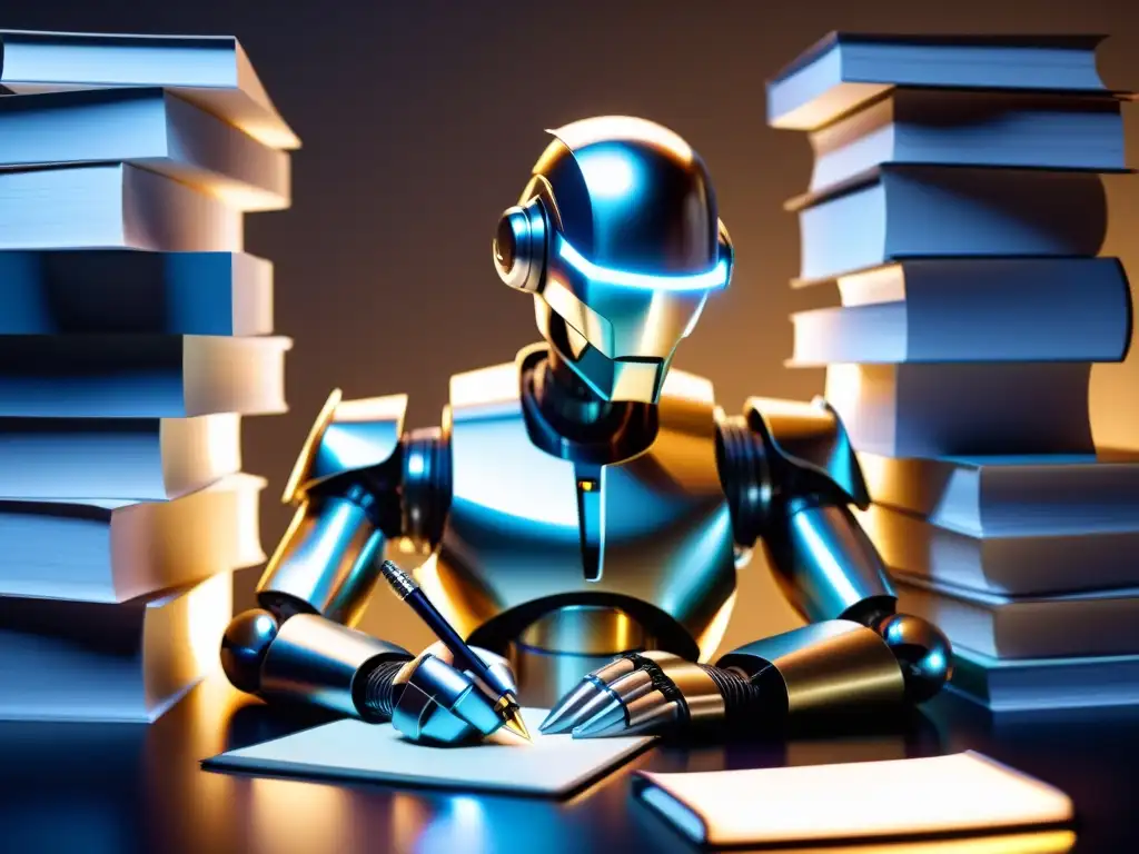 Robot futurista escribiendo rodeado de libros y papeles, reflejando la unión de tecnología y creatividad