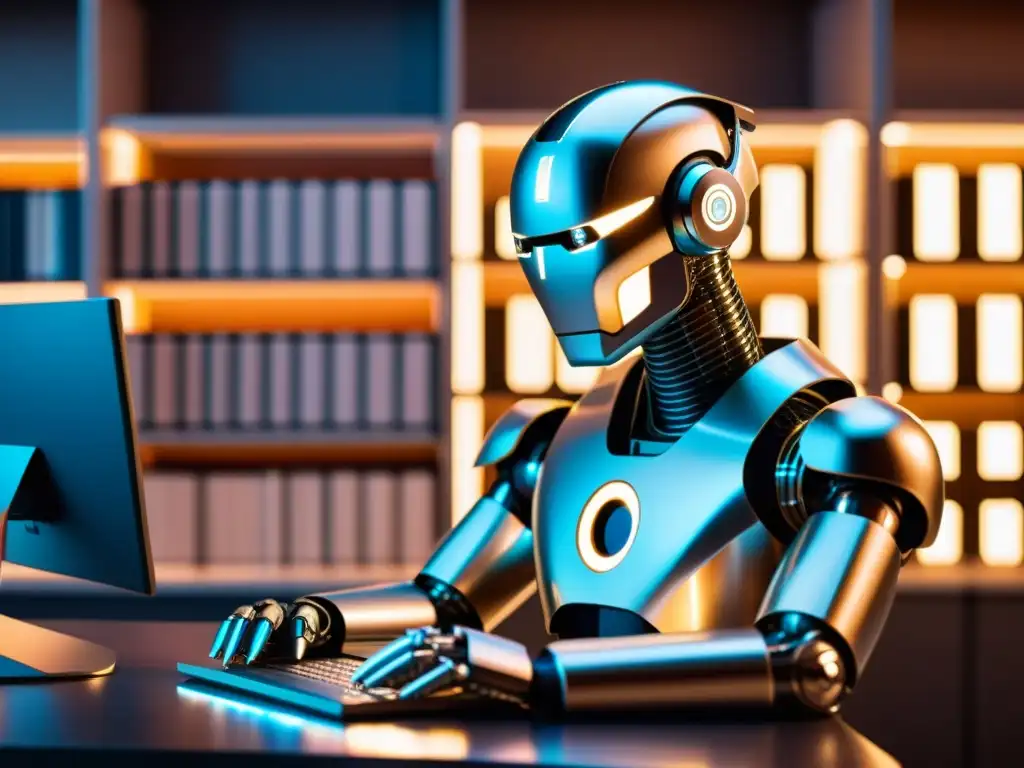 Un robot futurista, rodeado de libros y pantallas, estudia leyes de copyright