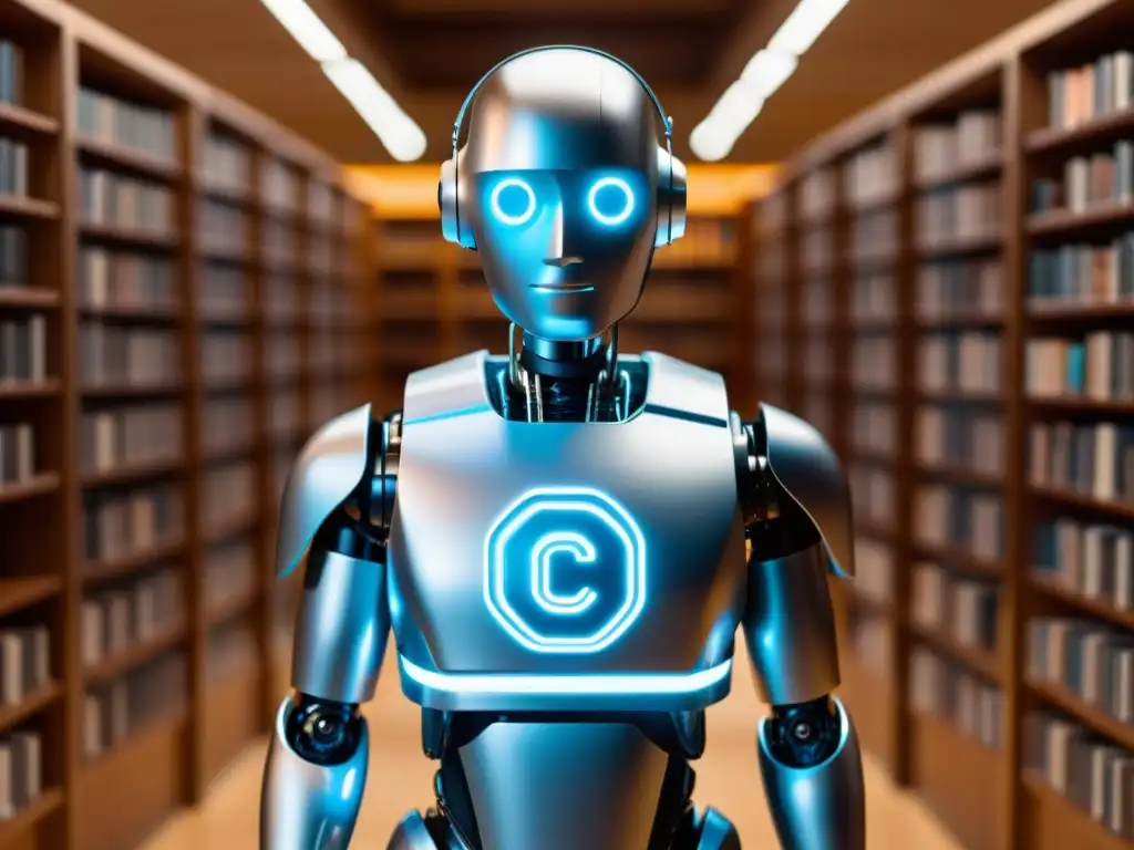 Un robot futurista con el símbolo de derechos de autor en el pecho, en una biblioteca virtual llena de líneas de código