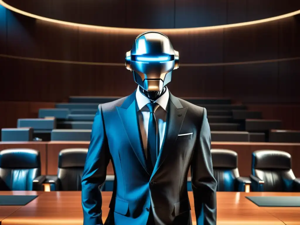 Robot futurista en tribunal moderno, rodeado de abogados y jueces