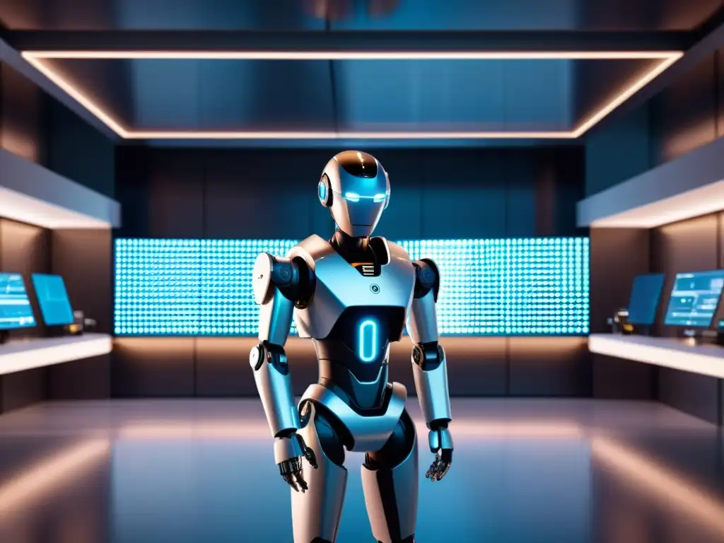 Un robot humanoide en un laboratorio futurista con tecnología avanzada y visualizaciones de datos holográficos