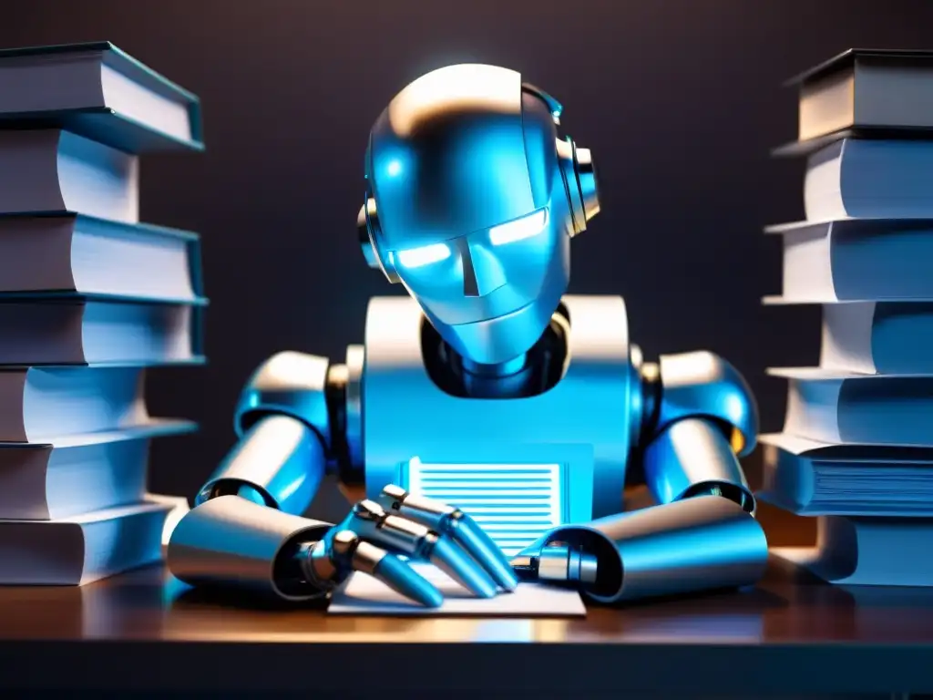 Un robot humanoide moderno reflexiona sobre derechos de autor para inteligencia artificial entre documentos legales y símbolos de copyright