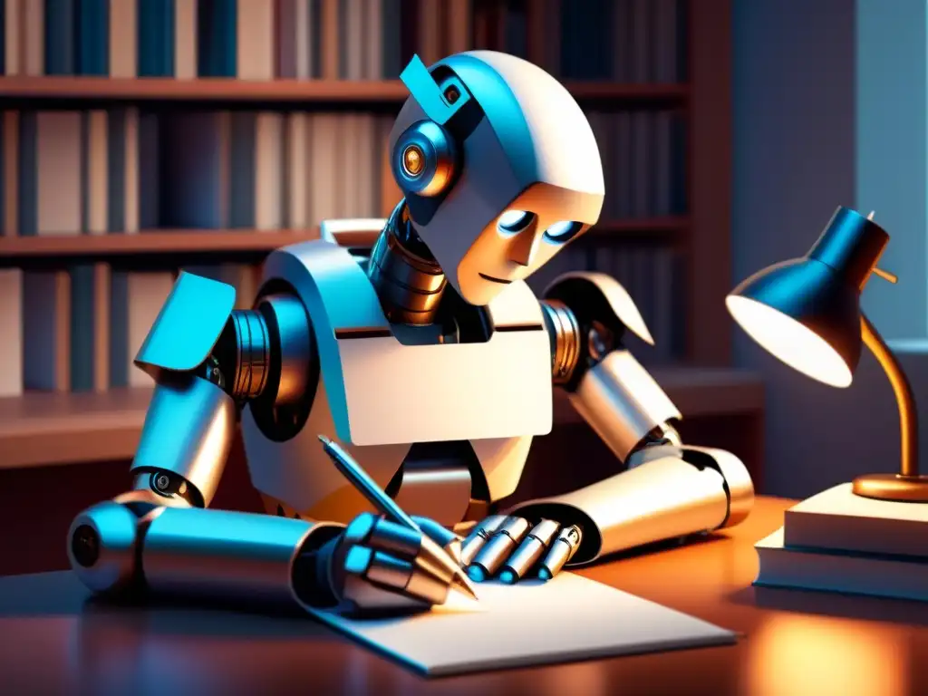 Un robot humanoide reflexivo se sienta en un escritorio rodeado de libros y papeles, listo para escribir