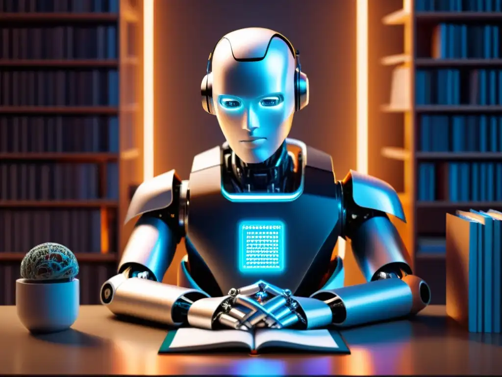 Un robot humanoide reflexivo rodeado de libros y pantallas de código, simbolizando la propiedad intelectual en inteligencia artificial