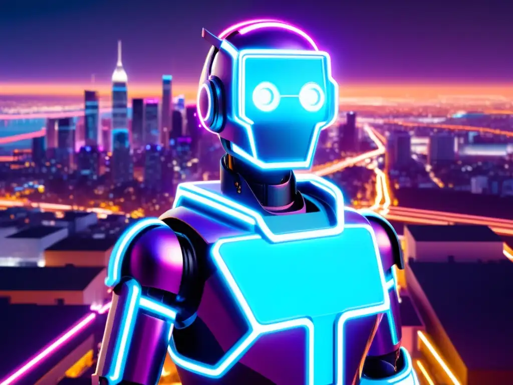 Un robot humanoide rodeado de líneas de código brillantes, en una ciudad futurista de noche