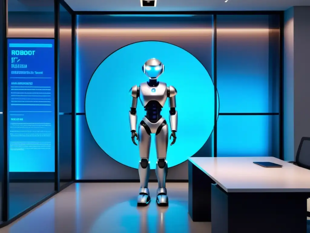 Un robot de IA futurista en una oficina moderna rodeado de pantallas holográficas con algoritmos y visualizaciones de datos