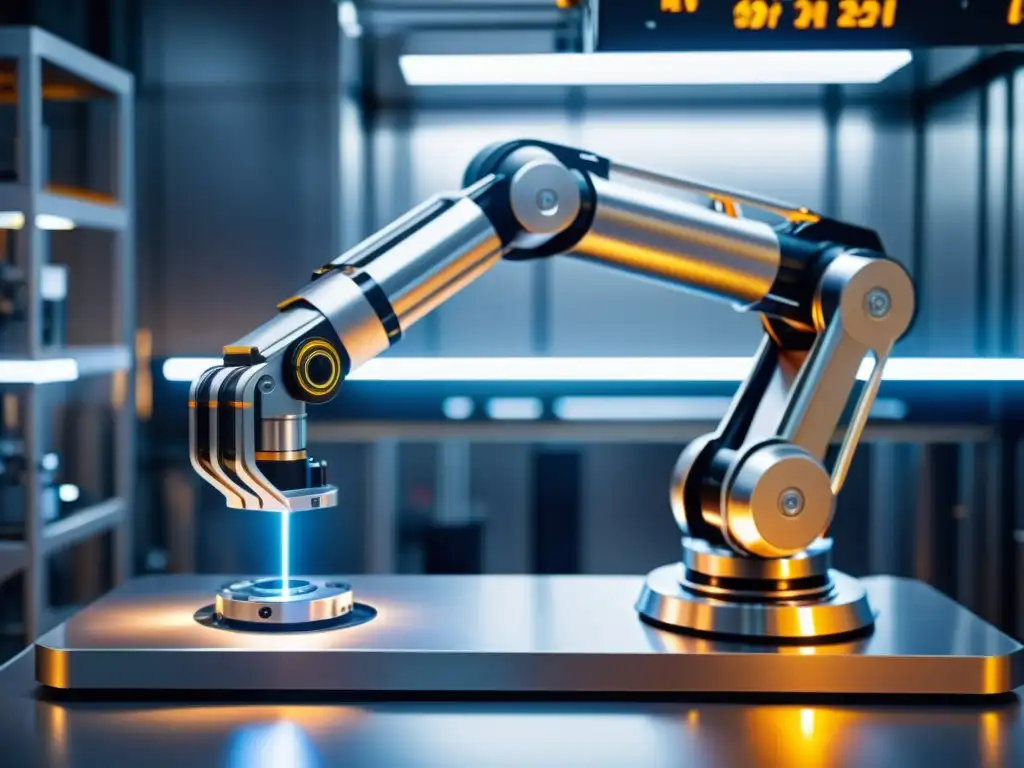 Robot industrial futurista ensambla maquinaria avanzada en instalación de alta tecnología