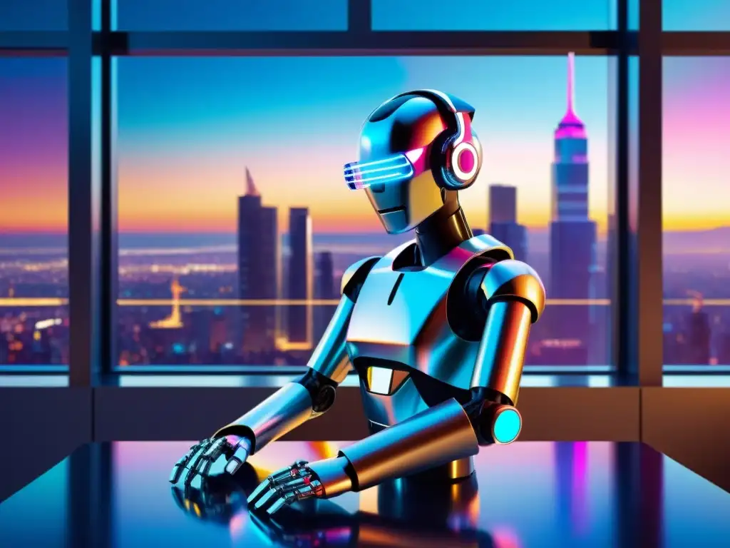 Un robot de inteligencia artificial futurista componiendo música en un estudio avanzado, rodeado de notas musicales holográficas y ondas de sonido digitales, con una vista de la ciudad a través de una ventana panorámica