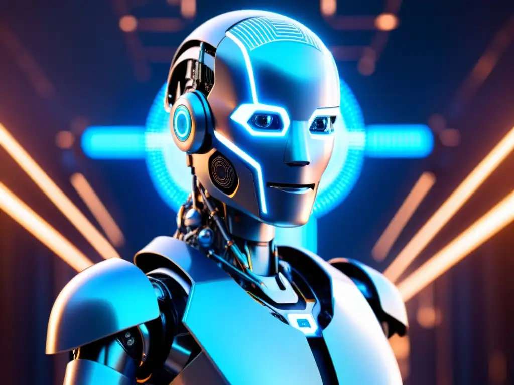 Un robot de inteligencia artificial metálico, con circuitos brillantes y ojos azules, representa la innovación tecnológica
