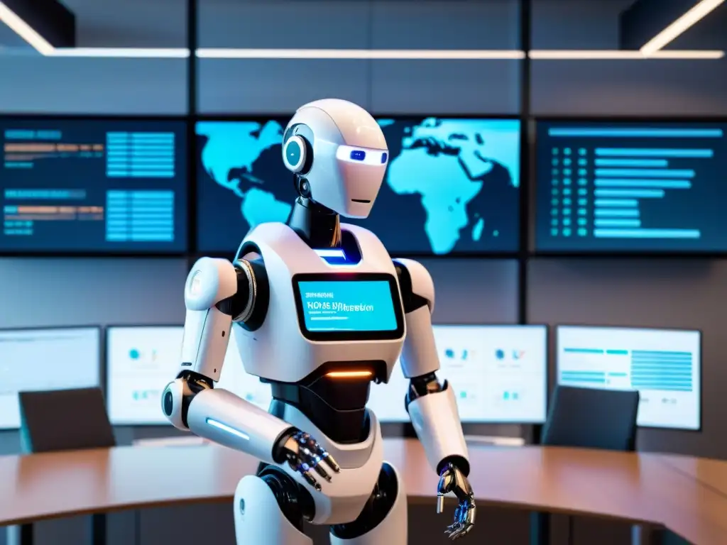 Robot de inteligencia artificial colaborando con profesionales en gestión PI en un entorno de oficina moderno y futurista con pantallas holográficas