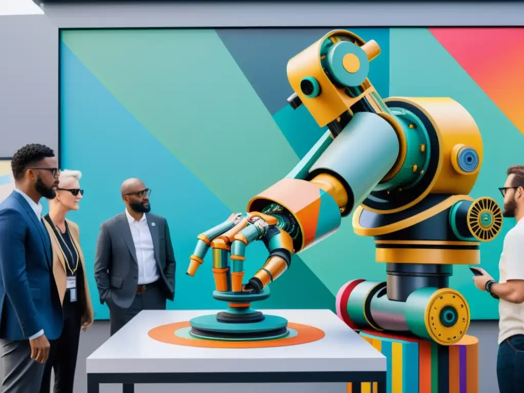 Un robot pinta una obra digital en una galería de arte moderno, rodeado de personas diversas
