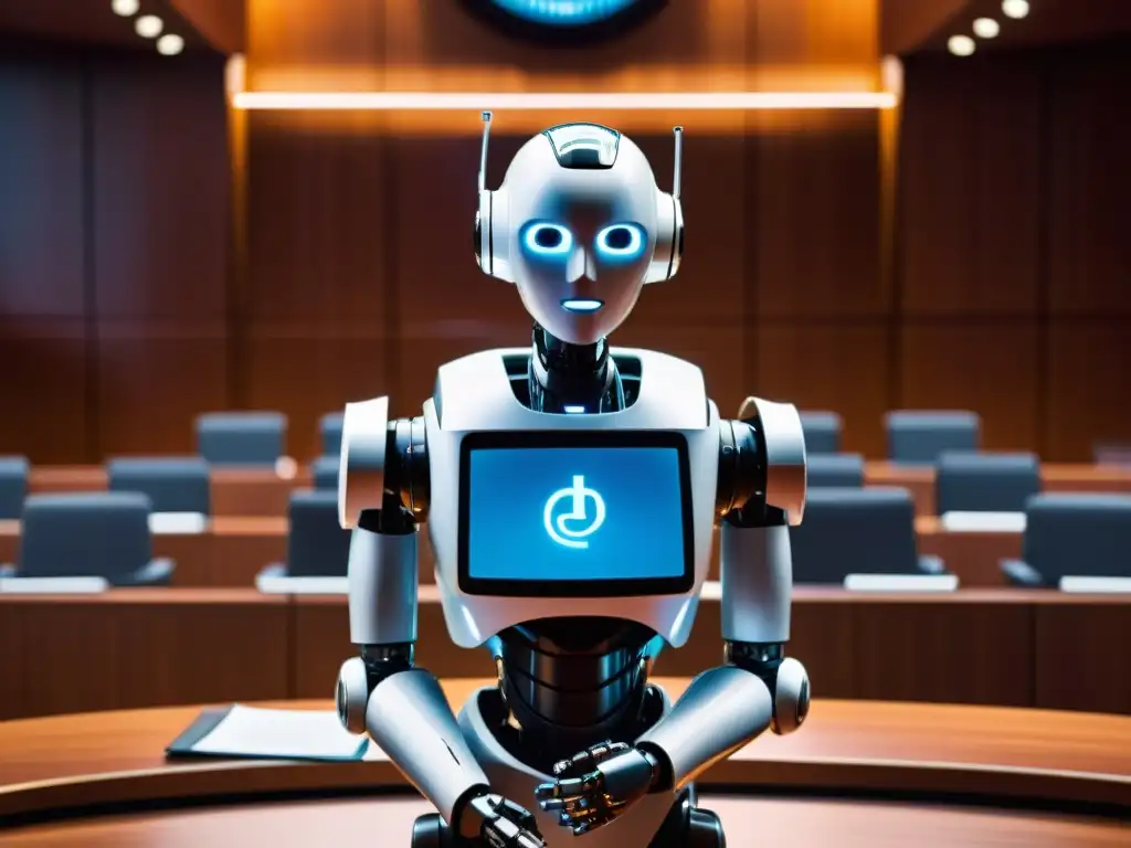 Robot en el tribunal rodeado de abogados y jueces, con código y símbolos de derechos de autor