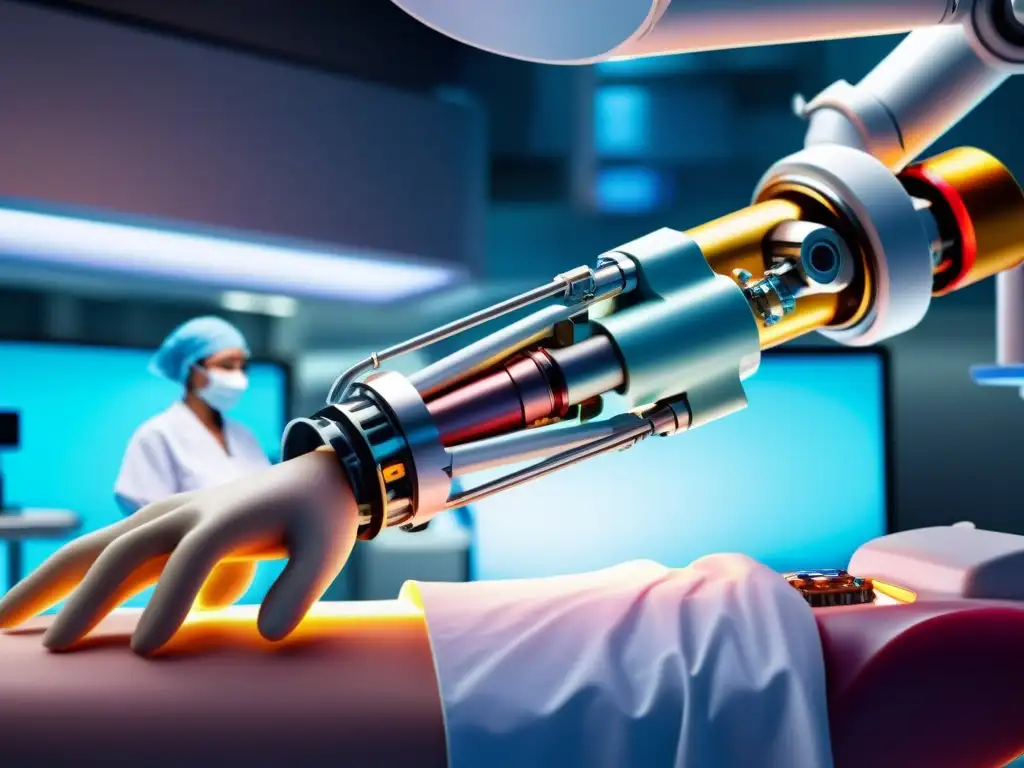Robótica cirugía de precisión en sala futurista, transmitiendo innovación en telecirugía y protección propiedad intelectual
