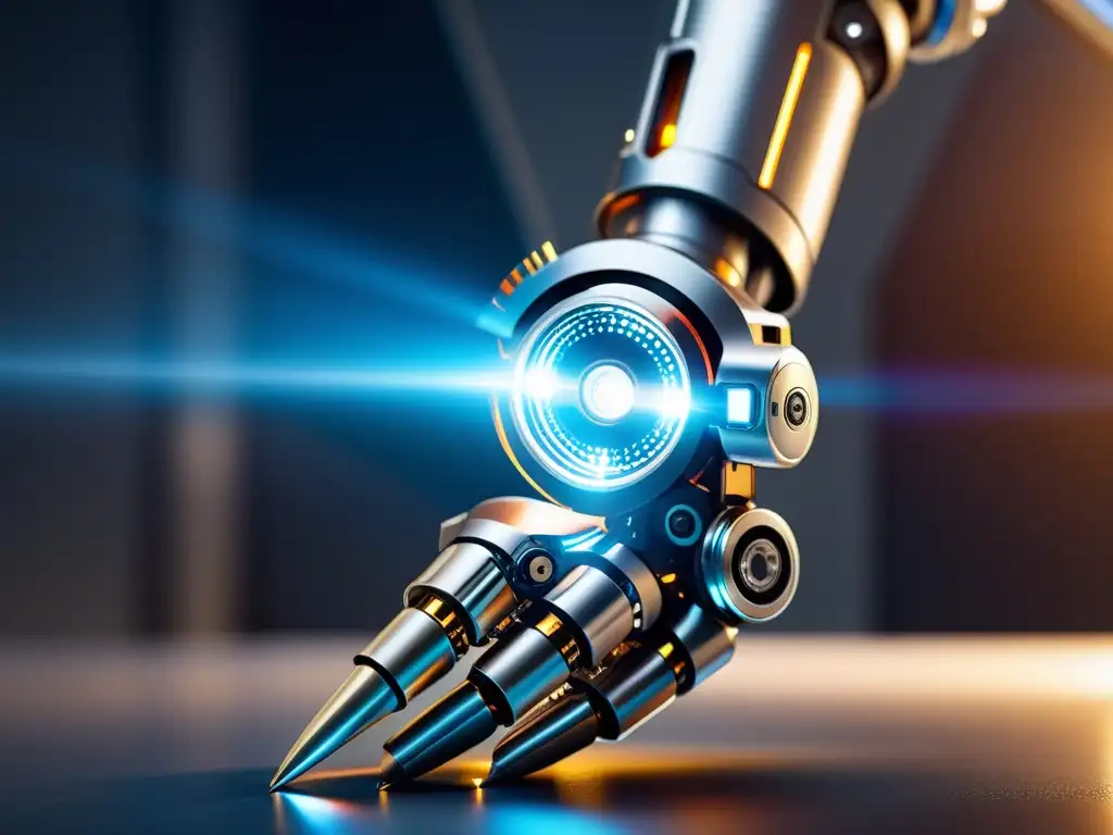Robótica futurista con patentes de software para automatización: brazo mecánico detallado, líneas elegantes y luces LED brillantes, manipulando componentes con precisión