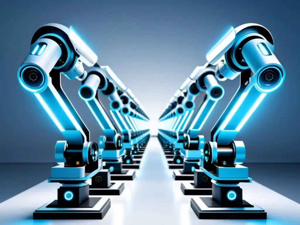 Robótica industrial futurista con licencias de software en autómatas: brazos metálicos trabajando en sincronía bajo suave luz azul en fondo blanco