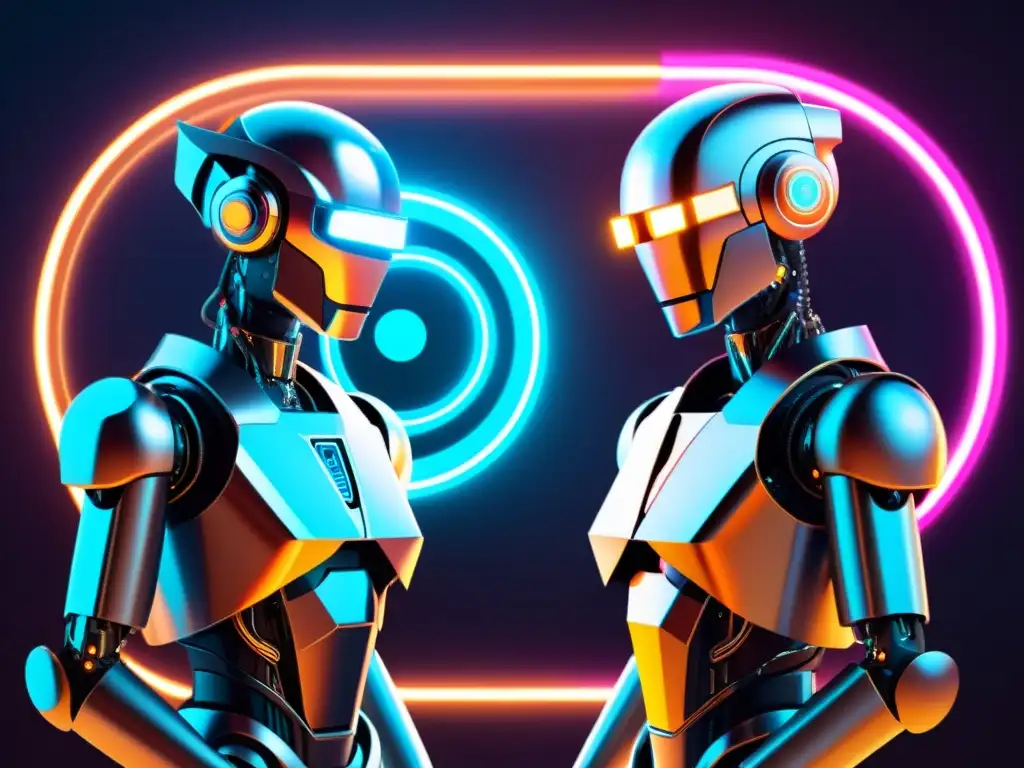 Dos robots futuristas debaten intensamente en un paisaje digital, representando conflictos de marca en dominios de internet