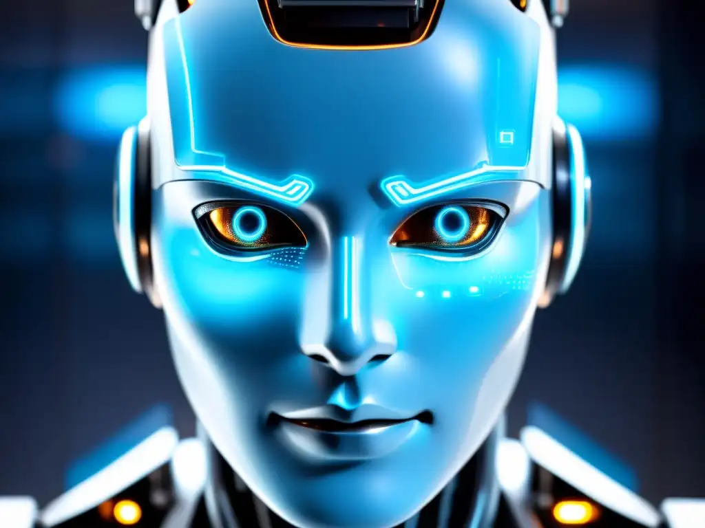 Rostro detallado de un robot con circuitos visibles y ojos intensos, en un laboratorio futurista