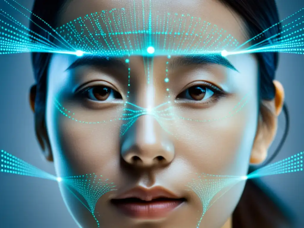 Un rostro humano parcialmente cubierto por una superposición digital que simboliza la tecnología de reconocimiento facial