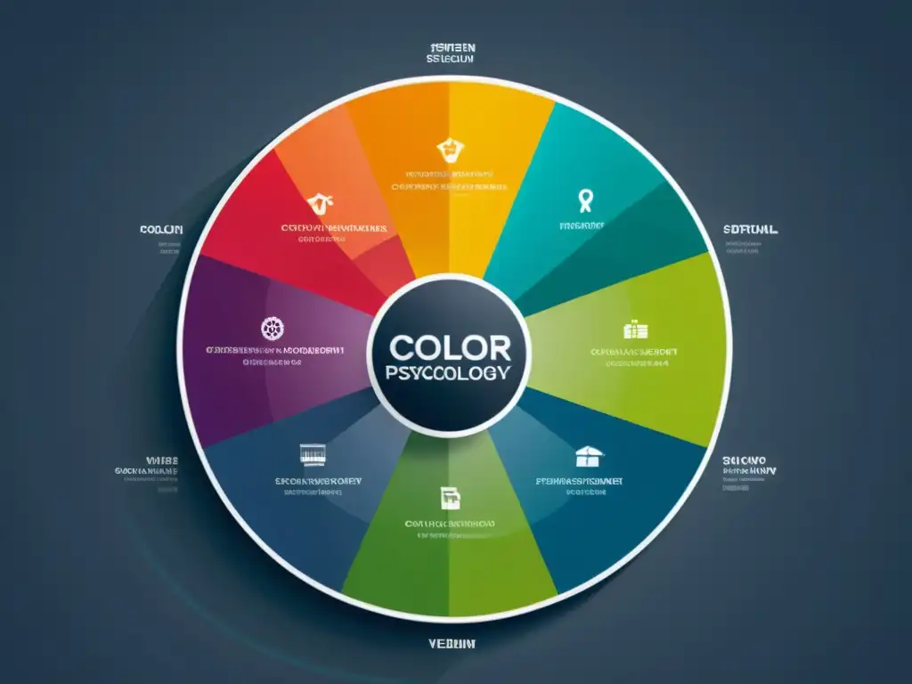 Una rueda de psicología del color identidad corporativa con un espectro vibrante de colores conectados emocionalmente sobre fondo minimalista