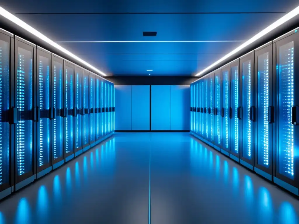 Una sala de archivos digitales de alta tecnología con servidores ordenados, iluminación futurista y preservación digital de fotografías derechos autor
