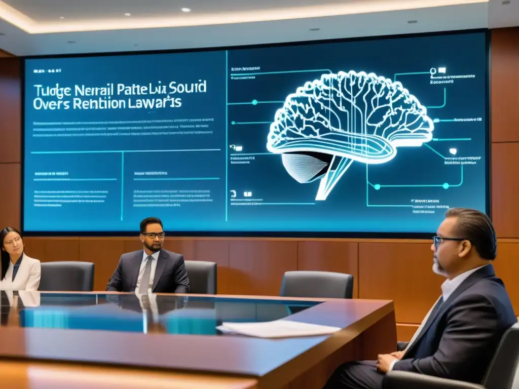En una sala de audiencias futurista, abogados y expertos en IA discuten sobre leyes de patentes