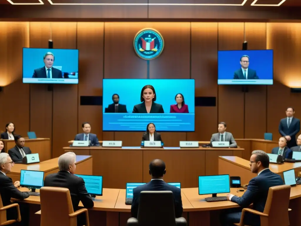 En la sala de audiencias, abogados y jueces debaten sobre deepfakes y derechos de autor, mientras un artista digital crea un video