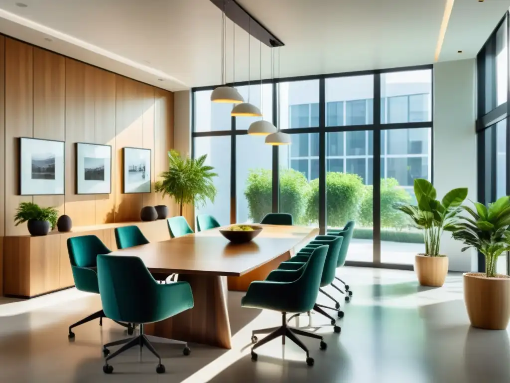 Una sala de conferencias moderna y elegante con una mesa de madera, sillas ergonómicas y luz natural