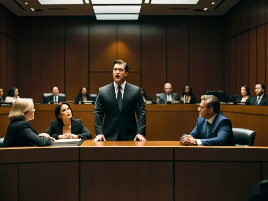 En una sala de juicios, abogados discuten apasionadamente casos sobre derechos de películas, mientras un juez preside la escena
