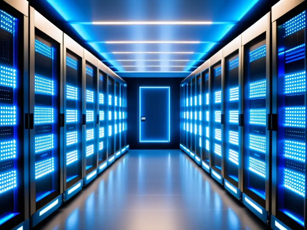 Una sala de servidores futurista y elegante, con hileras de racks iluminados, proyectando una luz azul y blanca