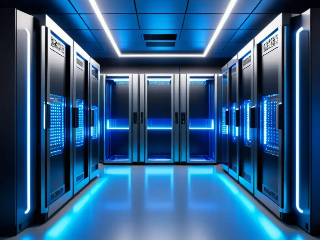 Una sala de servidores futurista en 8k, con luces azules y cables organizados, reflejando tecnología y seguridad